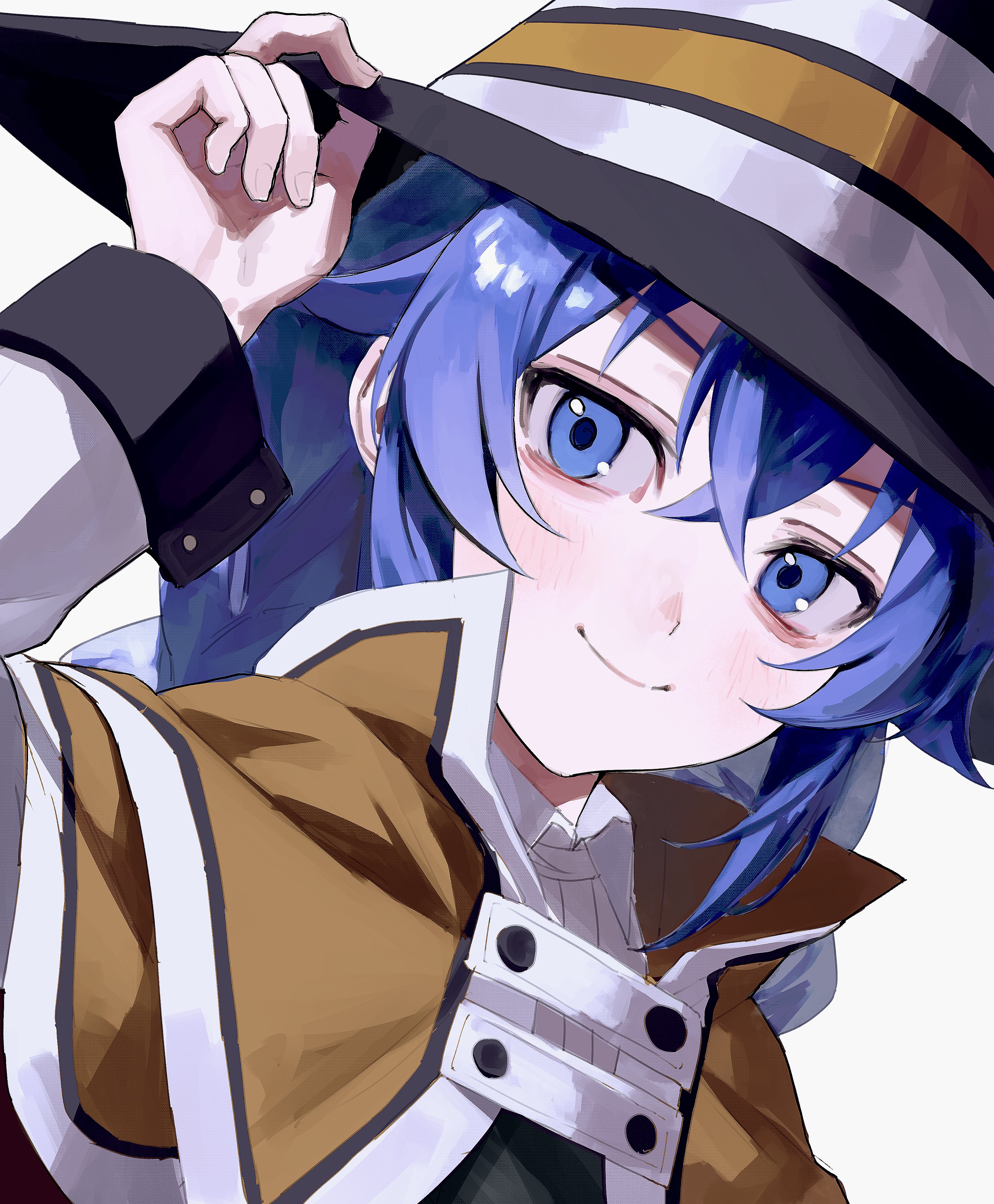 333takoyaki, roxy migurdia, mushoku tensei, absurdres, commentary request, highres, 1girl, bags under eyes, black hat, blue eyes, blue hair, blush, brown capelet, capelet, crossed bangs, hair between eyes, hand on headwear, hat, long hair, long sleeves, looking at viewer, simple background, solo, upper body, w, witch hat