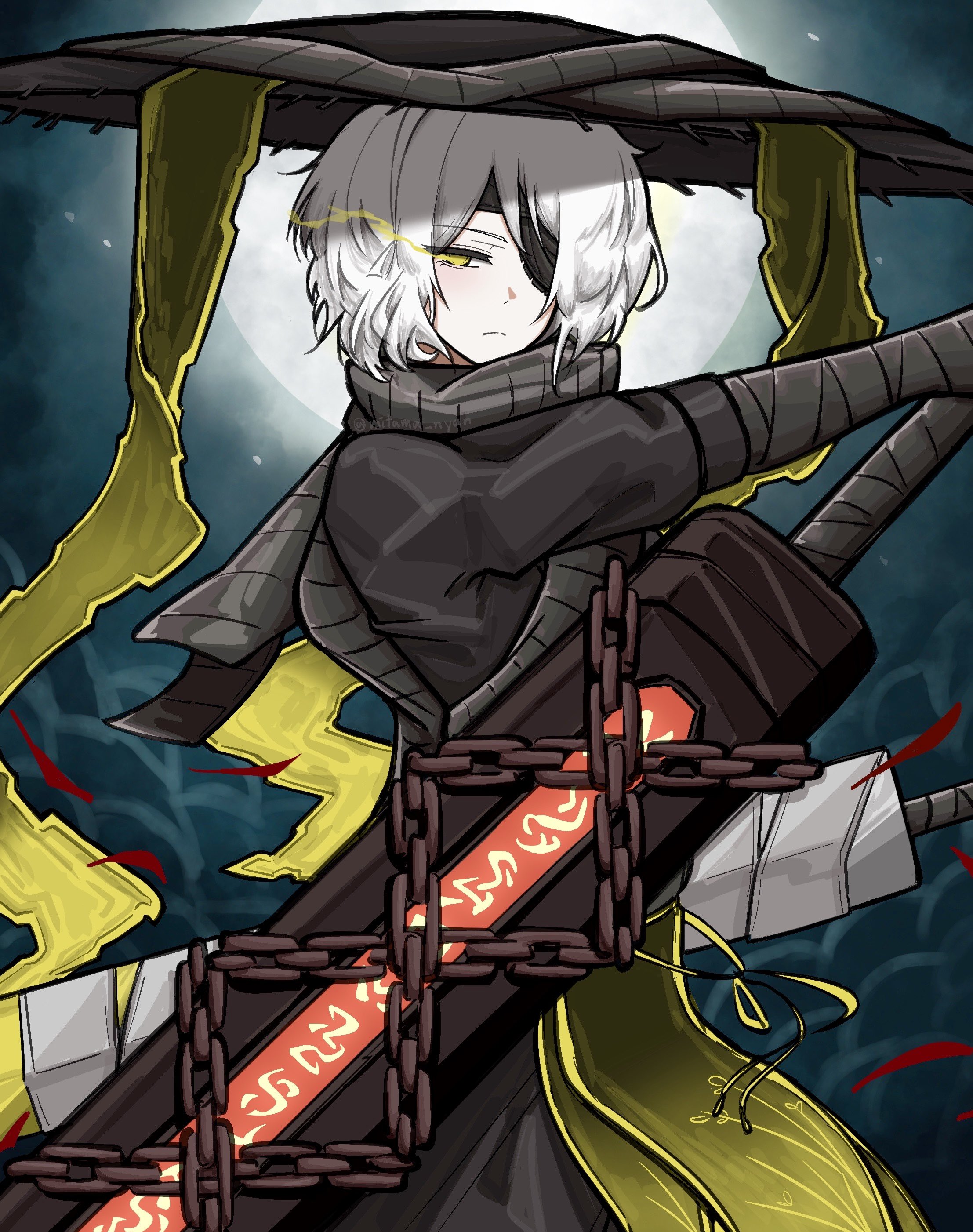 k i r i p o, faust (project moon), limbus company, project moon, absurdres, highres, 1girl, bandage over one eye, bandaged arm, bandaged weapon, bandages, black hanfu, blue background, chain, chinese clothes, closed mouth, conical hat, full moon, grey scarf, hand wraps, hanfu, heishou pack-mao branch (identity) (project moon), holding, holding sword, holding weapon, looking at viewer, moon, night, one eye covered, outdoors, ribbon, scarf, short hair, simple background, solo, standing, sword, upper body, weapon, white hair, yellow eyes, yellow ribbon