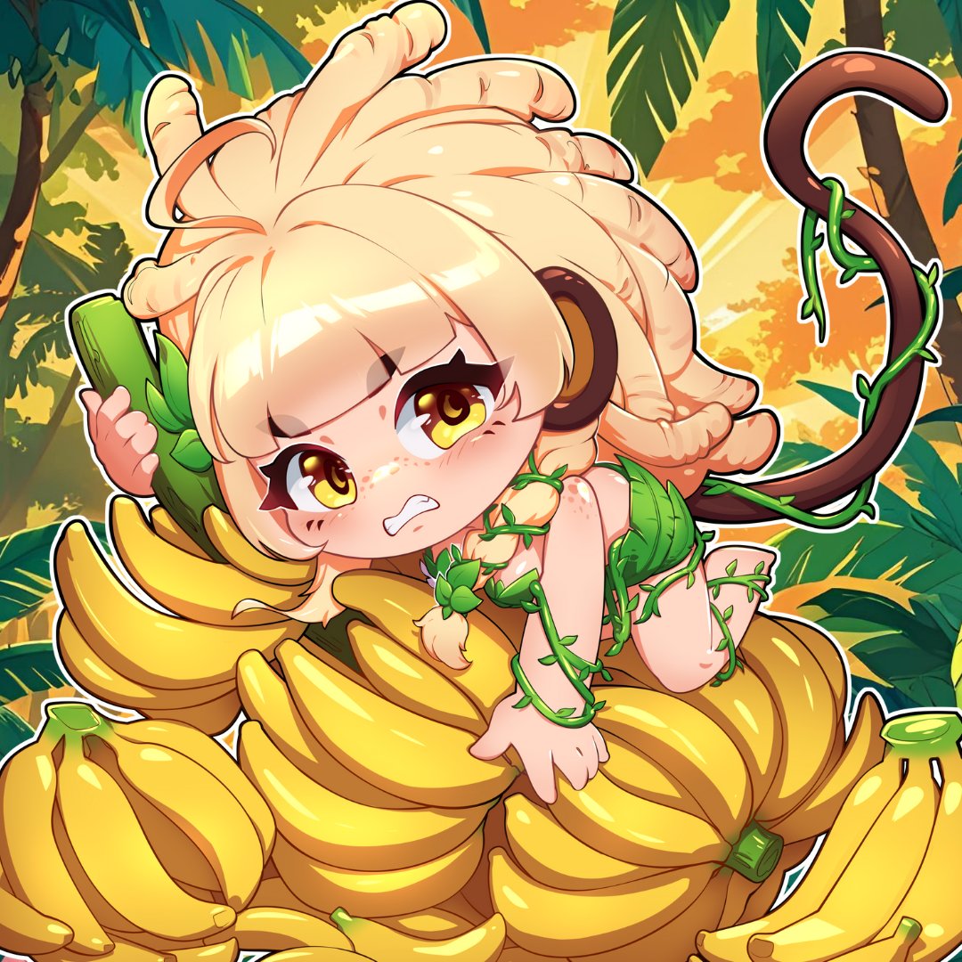 bananajuju, indie virtual youtuber, 1girl, animal ears, banana, blonde hair, brown eyes, brown tail, clenched teeth, dreadlocks, food, fruit, jungle, leaf bra, leaf skirt, looking at viewer, monkey ears, monkey girl, monkey tail, nature, paimo, palm tree, plant, plant clothing, solo, tail, teeth, tree, vines, virtual youtuber