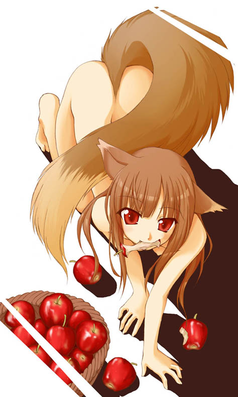 ndemotte, holo, spice and wolf, 00s, animal ears, apple, food, fruit, nude, red eyes, solo, tail, wolf ears, wolf tail