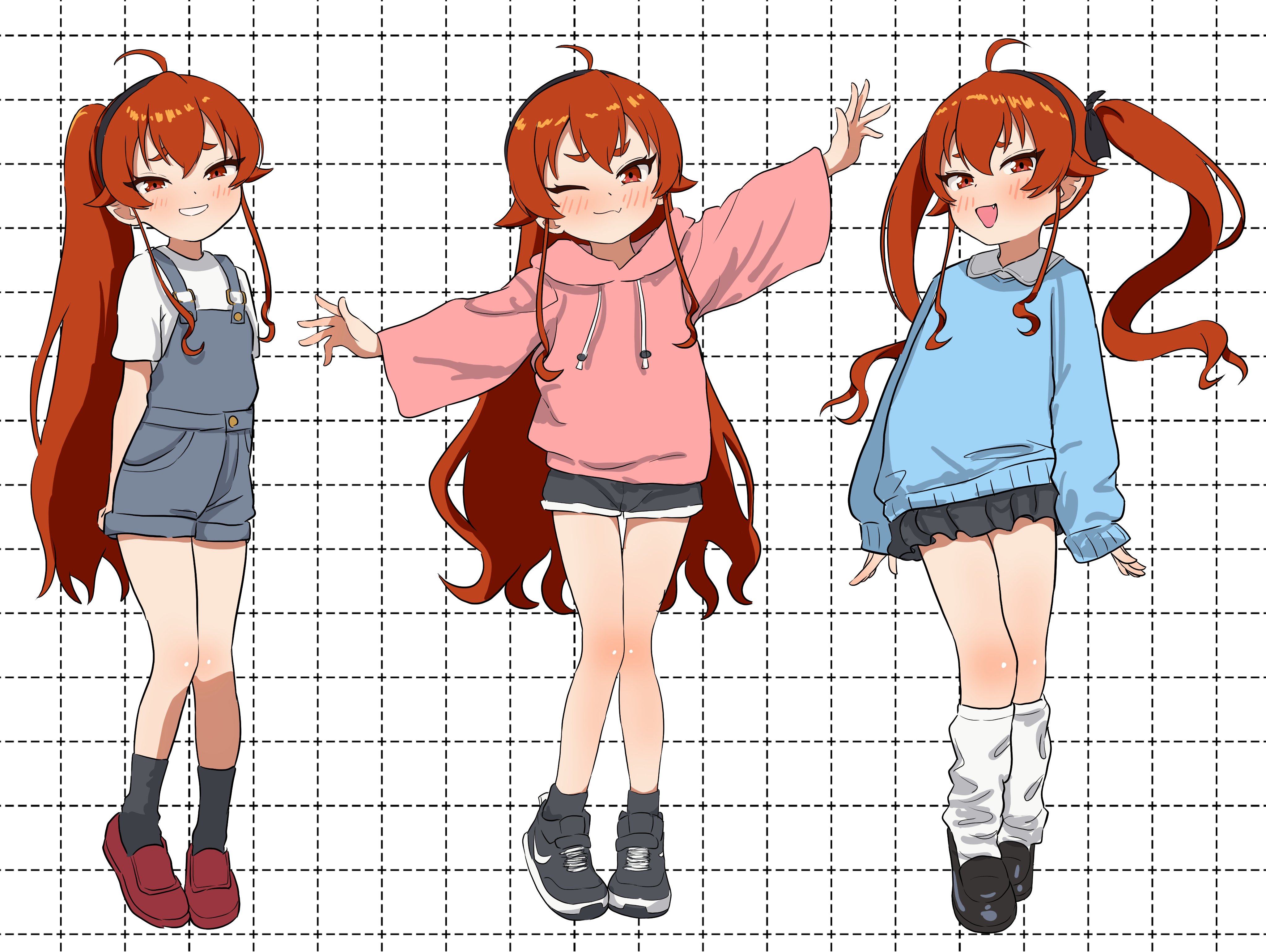 yoshikirino, eris greyrat, mushoku tensei, absurdres, highres, 1girl, alternate costume, black shorts, blue overalls, blue sweater, grid background, jacket, long hair, loose socks, overalls, pink jacket, ponytail, red eyes, red hair, shirt, shorts, skirt, socks, sweater, twintails, white shirt