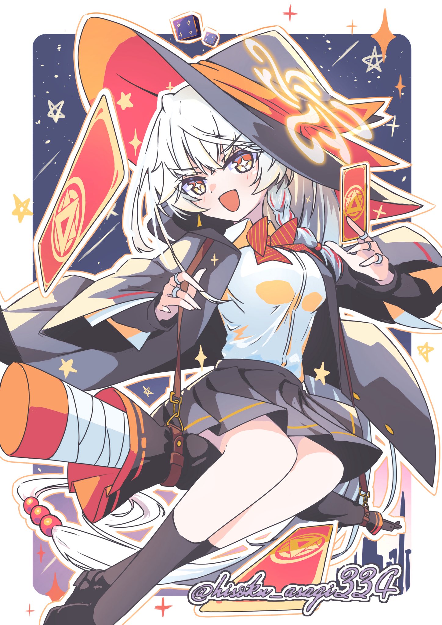 hisokuasagi334, eri (blue archive), blue archive, highres, 1girl, :d, ankle socks, bow, bowtie, braid, card, dice, gun, halo, hat, holding, holding card, holding strap, jacket, jewelry, long coat, long hair, looking at viewer, night, night sky, open mouth, orange eyes, riding, ring, shirt, shoes, skirt, sky, smile, socks, solo, sparkle, sparkling eyes, star (symbol), sweater, weapon, white hair, witch hat