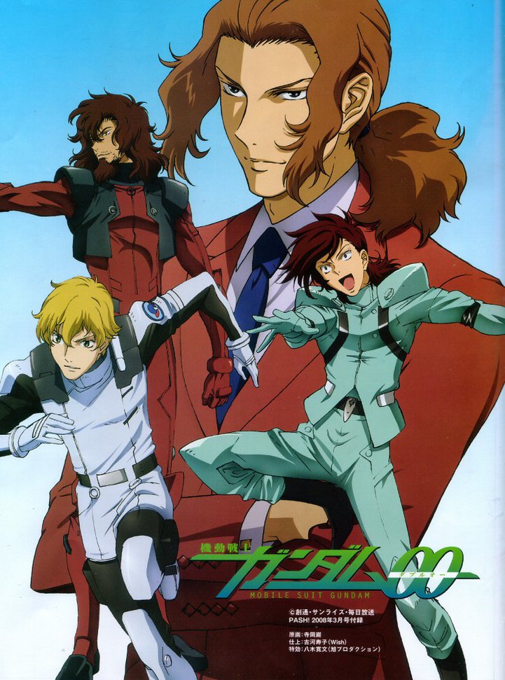 alejandro corner, ali al-saachez, graham aker, patrick colasour, gundam, gundam 00, 00s, 4boys, blonde hair, brown hair, male focus, multiple boys, necktie, open mouth, ponytail