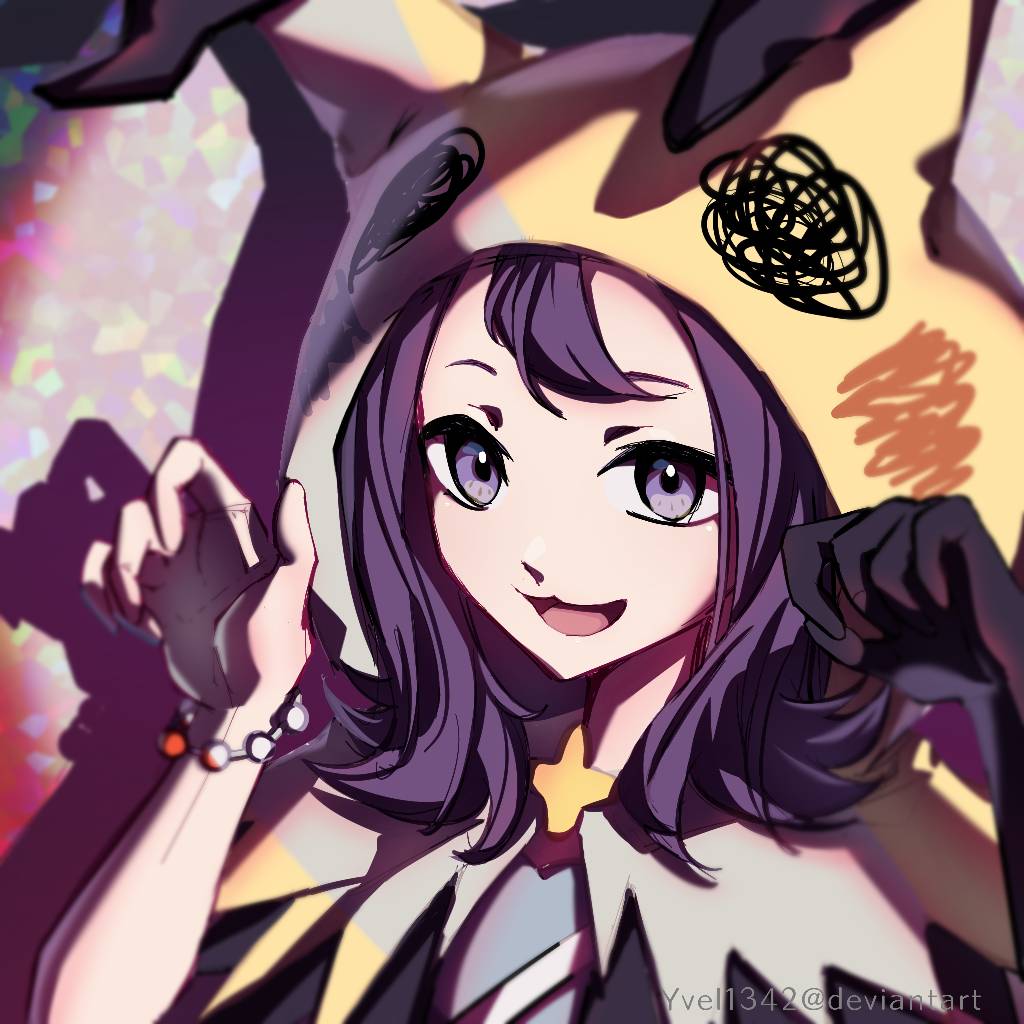 yvel (vszw2427), acerola (fall 2020) (pokemon), acerola (pokemon), nintendo, pokemon, pokemon masters ex, 1girl, deviantart username, drop shadow, ghost pose, gloves, hood, looking at viewer, official alternate costume, purple eyes, purple hair, single glove, solo, upper body