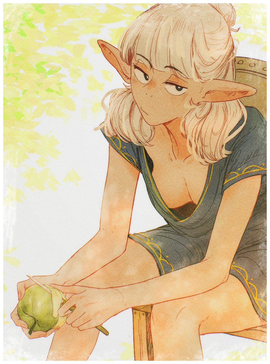 spindle (aidenr0), asimov (spindle (aidenr0)), original, commentary, highres, symbol-only commentary, 1girl, :/, apple, black eyes, blue dress, breasts, chair, cleavage, dress, feet out of frame, food, fruit, holding, holding food, holding fruit, holding knife, knife, light blush, looking to the side, medium breasts, medium hair, peeling, pointy ears, sitting, solo, white hair