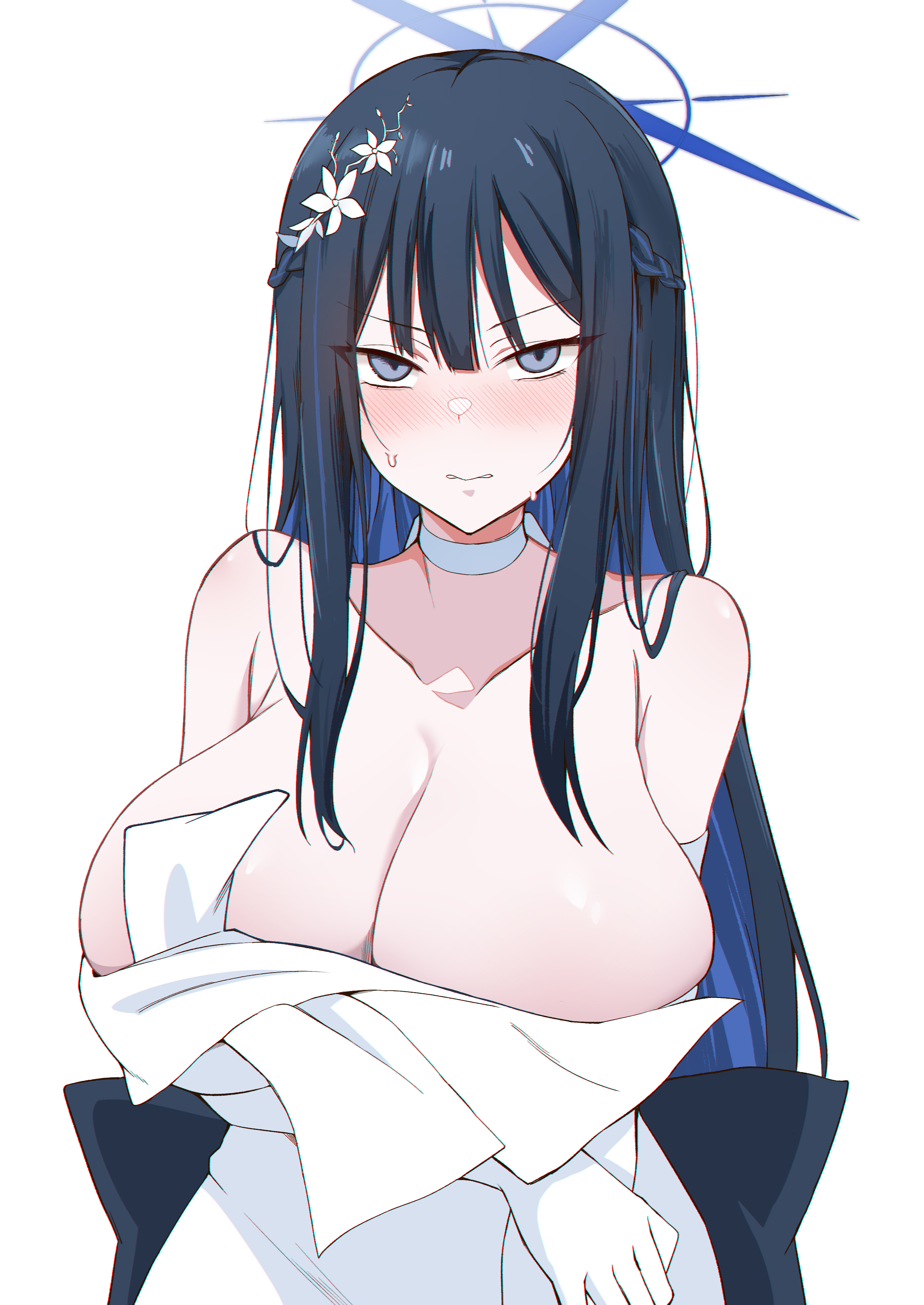 ayumu (ayumu3659), saori (blue archive), saori (dress) (blue archive), blue archive, absurdres, highres, 1girl, arms under breasts, blue hair, blue halo, blush, braid, breasts, choker, cleavage, collarbone, colored inner hair, dress, elbow gloves, flower, gloves, hair flower, hair ornament, half up braid, halo, large breasts, long hair, multicolored hair, official alternate costume, simple background, solo, strapless, strapless dress, white background, white dress, white gloves
