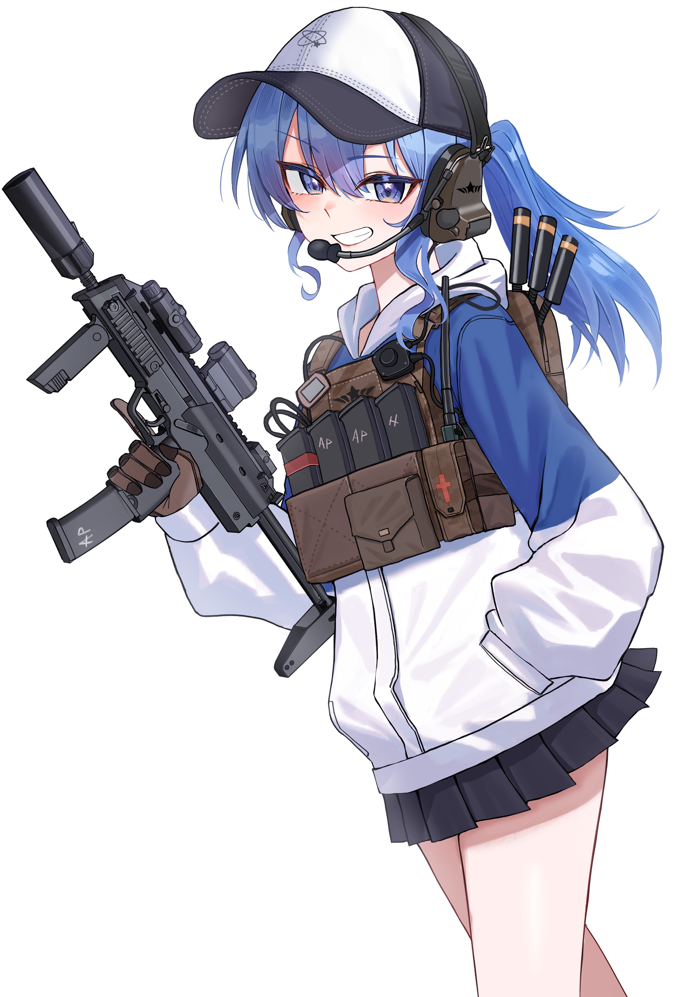 chrispy tuna, hoshimachi suisei, hoshimachi suisei (11th costume), hololive, absurdres, commentary, english commentary, highres, 1girl, ammunition pouch, asymmetrical sidelocks, baseball cap, black hat, black skirt, blue eyes, blue hair, brown gloves, bulletproof vest, gloves, grin, gun, h&k mp7, hair between eyes, hand in pocket, hat, headset, holding, holding gun, holding weapon, jacket, looking at viewer, magazine (weapon), miniskirt, multicolored jacket, official alternate costume, ponytail, pouch, sidelocks, simple background, skirt, smile, solo, star (symbol), star in eye, submachine gun, suppressor, symbol in eye, trigger discipline, two-tone hat, two-tone jacket, virtual youtuber, weapon, white background, white hat