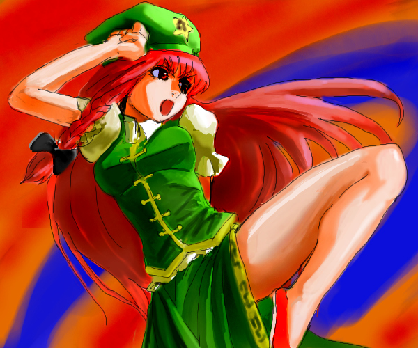hong meiling, embodiment of scarlet devil, touhou, 1girl, braid, female focus, green hat, hat, oekaki, side braid, solo