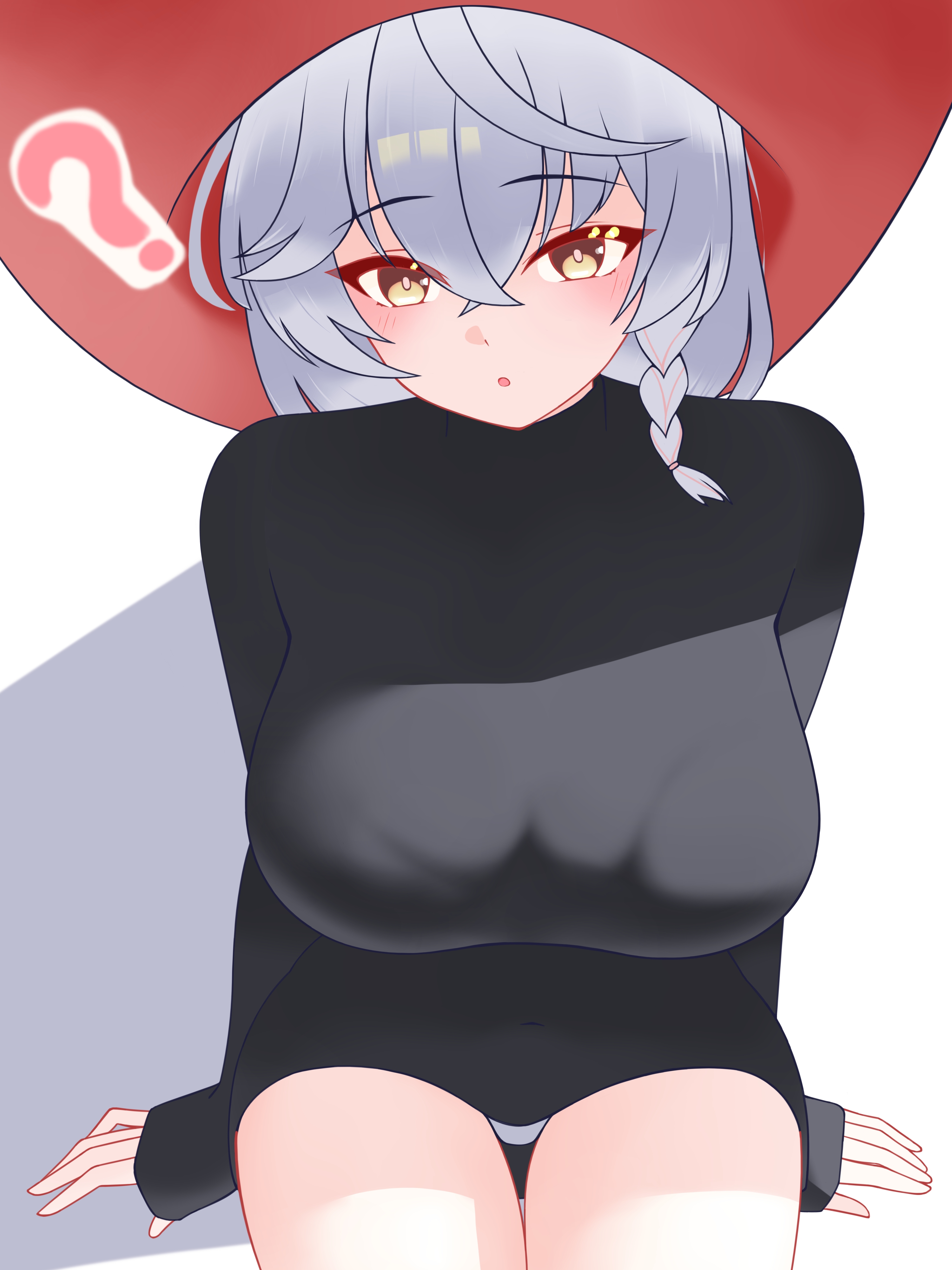 eri (blue archive), blue archive, absurdres, highres, 1girl, ?, blush, braid, breasts, grey hair, hair between eyes, large breasts, long hair, looking at viewer, panties, sitting, solo, spoken question mark, striped background, underwear, yellow eyes, yuritorikku