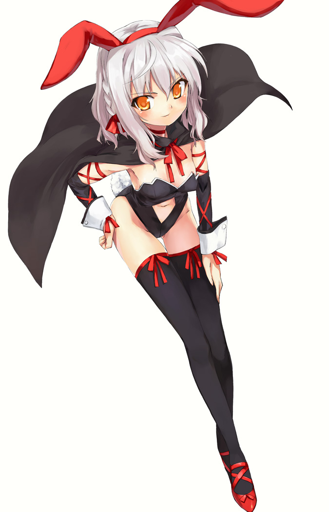 u (the unko), bell zephyr, night wizard, hand on thigh, 00s, 1girl, ahoge, animal ears, black thighhighs, blush, bow, braid, cape, clothing cutout, detached sleeves, female focus, from above, full body, hair ribbon, hairband, hand on own thigh, leaning forward, long legs, navel, navel cutout, orange eyes, rabbit ears, rabbit girl, rabbit tail, ribbon, shoes, single braid, smile, solo, tail, thigh gap, thighhighs, white background, white hair, wrist cuffs