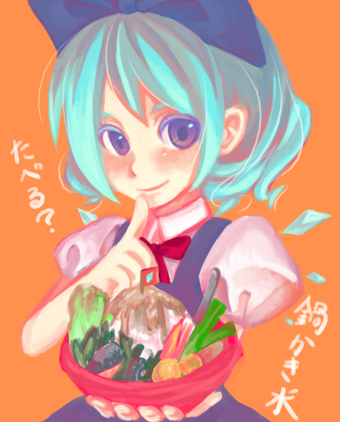 mame usagi, cirno, embodiment of scarlet devil, touhou, 1girl, blue hair, blush, bow, bowl, bowtie, closed mouth, female focus, finger to mouth, food, holding, looking at viewer, orange background, puffy short sleeves, puffy sleeves, purple eyes, red bow, red bowtie, short hair, short sleeves, shushing, simple background, smile, solo, vegetable, visor cap