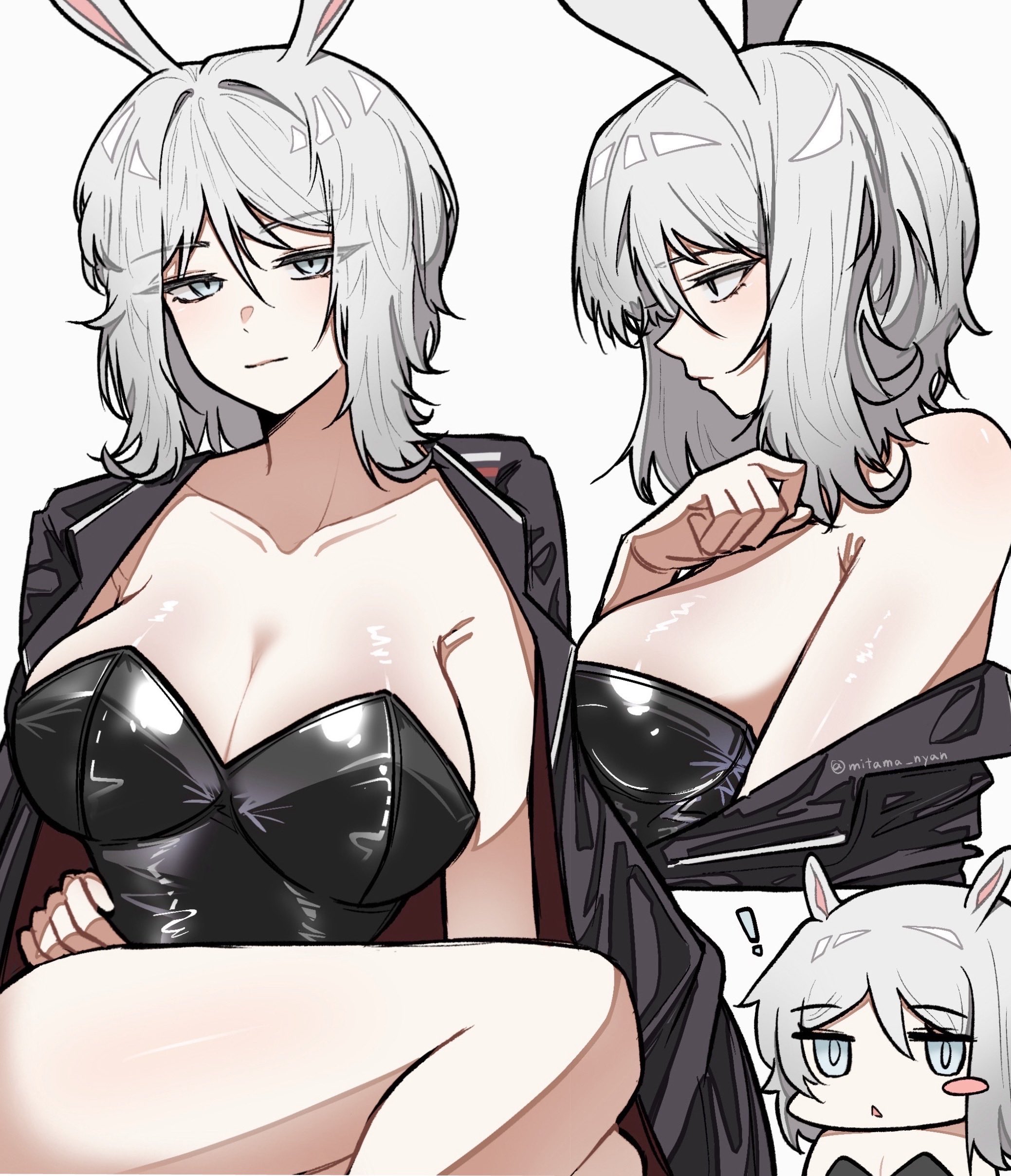 k i r i p o, faust (project moon), limbus company, project moon, absurdres, highres, !, 1girl, alternate costume, animal ears, black coat, black leotard, blue eyes, blush stickers, breasts, chibi, chibi inset, cleavage, coat, coat on shoulders, large breasts, leotard, looking at viewer, multiple views, playboy bunny, rabbit ears, short hair, simple background, single blush sticker, solo, strapless, strapless leotard, upper body, white background, white hair