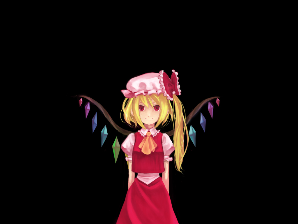 mame usagi, flandre scarlet, touhou, 1girl, blonde hair, dark, female focus, hat, mob cap, red eyes, side ponytail, simple background, solo, standing, wings