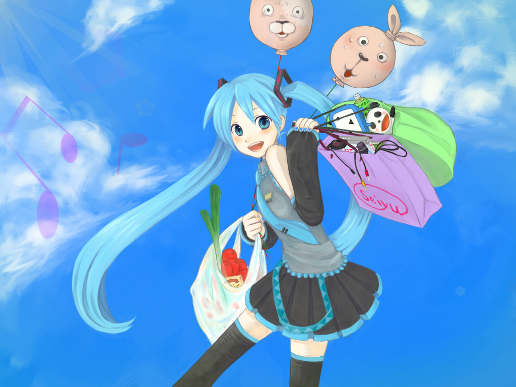 mame usagi, hatsune miku, kirenenko (usavich), putin (usavich), usavich, vocaloid, 1girl, aqua hair, balloon, female focus, solo, spring onion, thighhighs, twintails