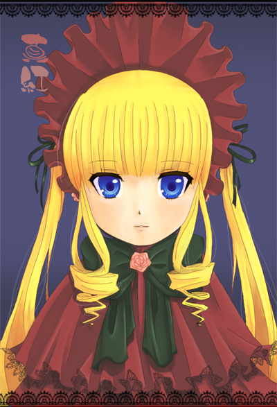 mame usagi, shinku, rozen maiden, 00s, 1girl, blonde hair, blue background, blue eyes, blunt bangs, bow, bowtie, dress, drill hair, female focus, frills, green bow, green bowtie, hat, long hair, looking at viewer, poncho, red dress, red hat, sidelocks, simple background, solo, twin drills, twintails, upper body