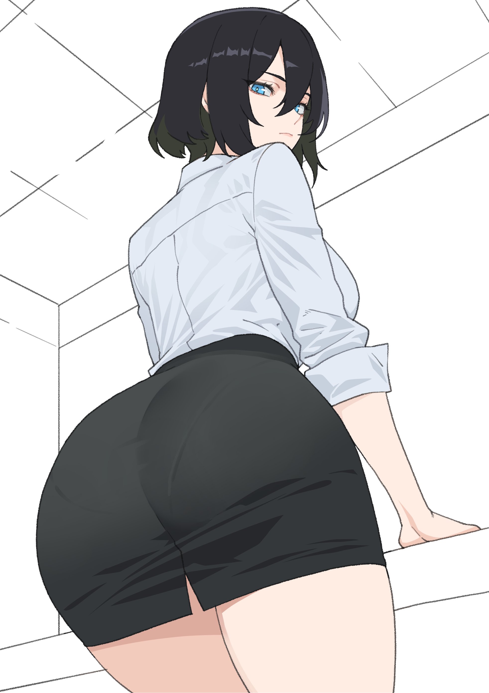 kuso otoko, original, absurdres, commentary, highres, 1girl, ass, ass focus, black hair, black skirt, blue eyes, breasts, closed mouth, cowboy shot, double-parted bangs, dress shirt, expressionless, from below, hair between eyes, high-waist skirt, large breasts, looking at viewer, looking down, miniskirt, pantylines, pencil skirt, shirt, short hair, skirt, sleeves rolled up, solo, standing, white shirt