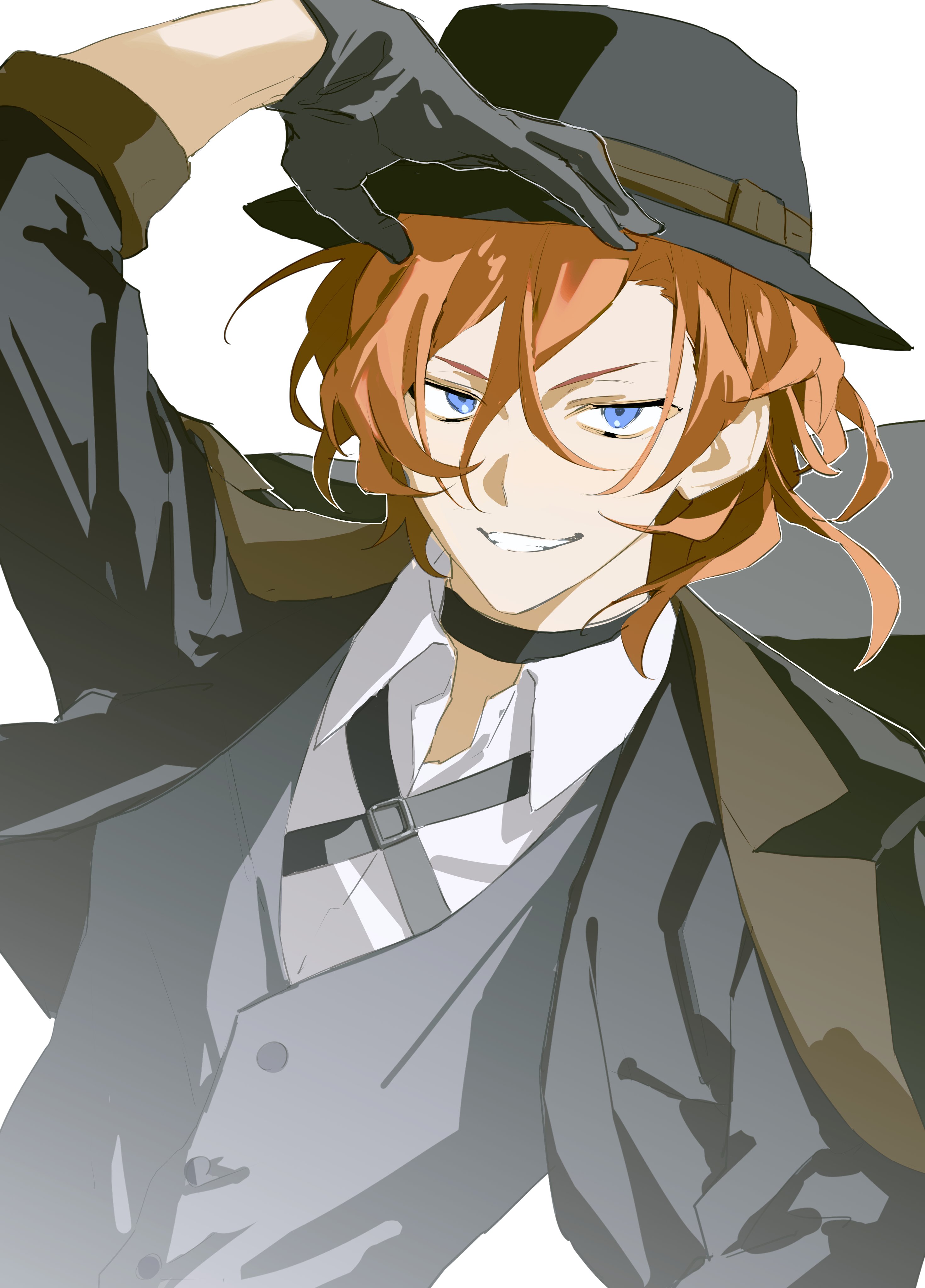 333takoyaki, nakahara chuuya (bungou stray dogs), bungou stray dogs, absurdres, highres, 1boy, arm up, black choker, black gloves, black hat, blue eyes, choker, collared shirt, fedora, gloves, grey vest, grin, hair between eyes, hat, long sleeves, male focus, orange hair, shirt, simple background, smile, solo, upper body, vest, white background, white shirt