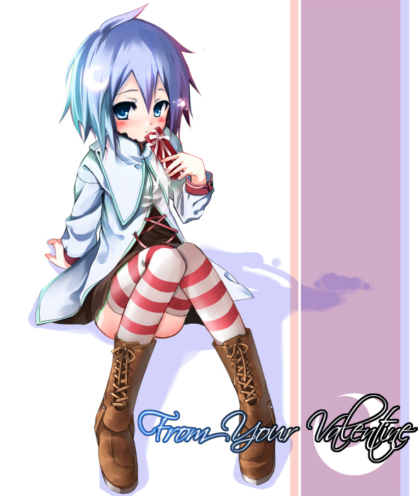 sho (runatic moon), original, 1girl, blue eyes, blue hair, blush, boots, english text, female focus, gradient hair, lace-up boots, looking at viewer, matching hair/eyes, multicolored hair, purple hair, short hair, simple background, sitting, solo, striped clothes, striped thighhighs, thighhighs, valentine