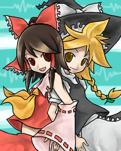 haro (artist), hakurei reimu, kirisame marisa, touhou, vocaloid, lowres, 2girls, blonde hair, braid, brown eyes, brown hair, detached sleeves, female focus, hair ribbon, hat, japanese clothes, miko, multiple girls, oekaki, open mouth, parody, red eyes, ribbon, short hair, skirt, smile, witch, witch hat