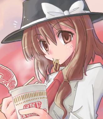 usami renko, ghostly field club, touhou, lowres, 1girl, black hat, eating, female focus, food, hat, low ponytail, necktie, nissin cup noodle, noodles, oekaki, ponytail, red background, red necktie, solo