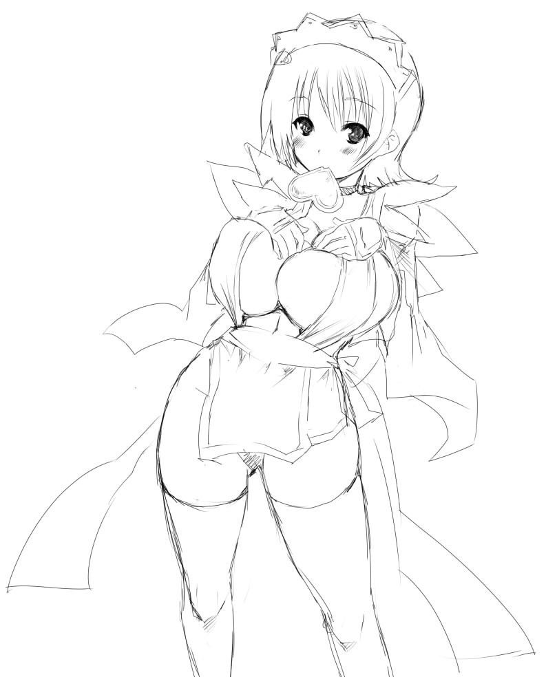 iroha (samurai spirits), samurai spirits, 1girl, blush, breasts, cleavage, female focus, greyscale, heart, huge breasts, large breasts, maid, monochrome, sideboob, sketch, solo