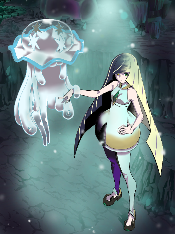 shirotenba books, lusamine (pokemon), lusamine fused (pokemon), nihilego, nintendo, pokemon, pokemon sm, commentary request, 1girl, asymmetrical legwear, black hair, black shoes, blonde hair, closed mouth, dress, floating, full body, gen 7 pokemon, green eyes, hand on own hip, heterochromia, high heels, jellyfish, long hair, mismatched legwear, multicolored hair, pokemon (creature), shoes, sleeveless, sleeveless dress, smile, split-color hair, standing, tentacles, ultra beast, very long hair, white dress, yellow eyes