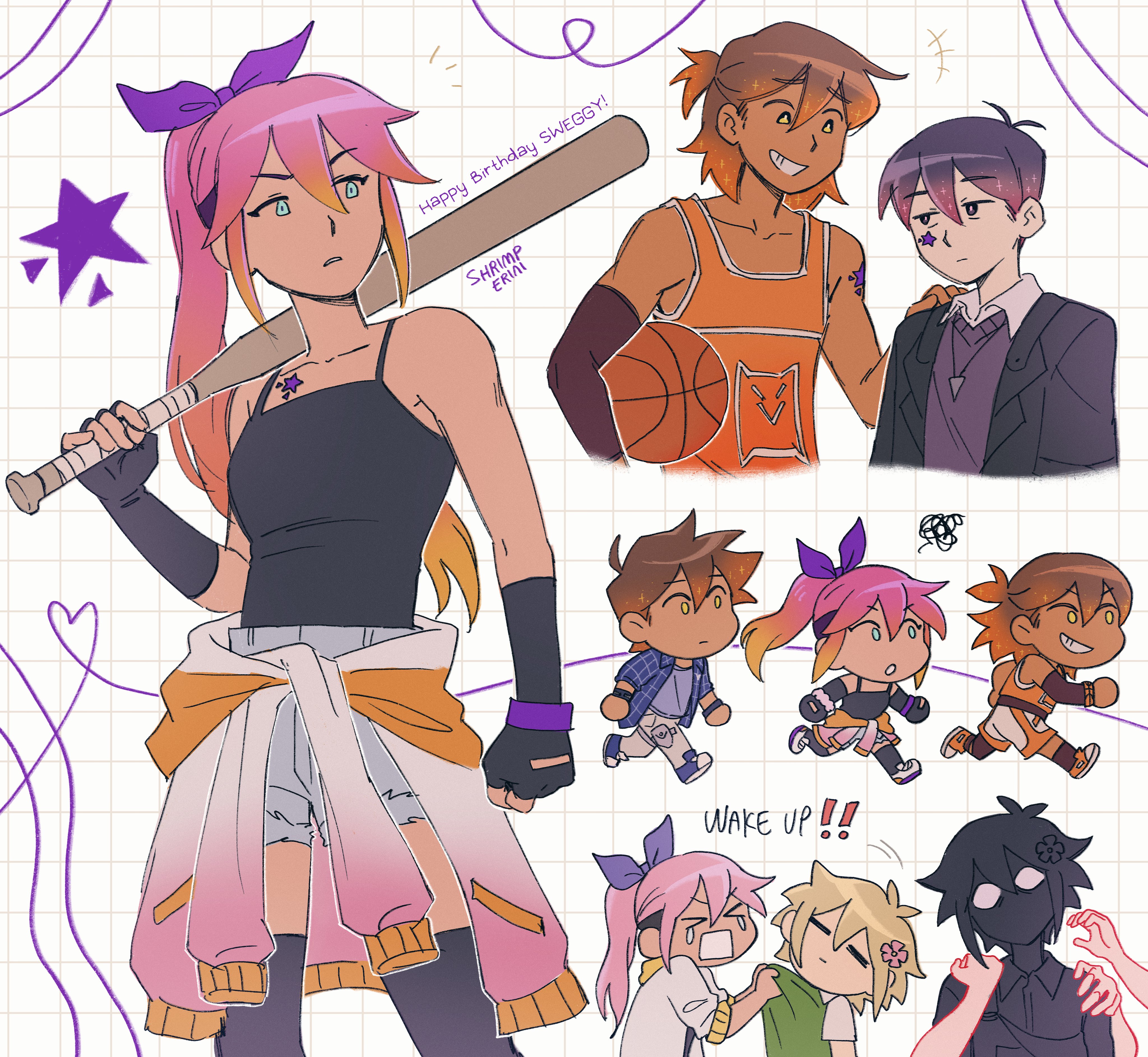 shrimperini, aubrey (faraway) (omori), aubrey (omori), basil (faraway) (omori), basil (omori), hero (faraway) (omori), hero (omori), kel (faraway) (omori), kel (omori), omori, absurdres, highres, 1girl, 3boys, alternate universe, antenna hair, ball, baseball bat, basketball (object), basketball uniform, black hair, jacket, multicolored hair, multiple boys, orange hair, pink hair, sportswear, tank top