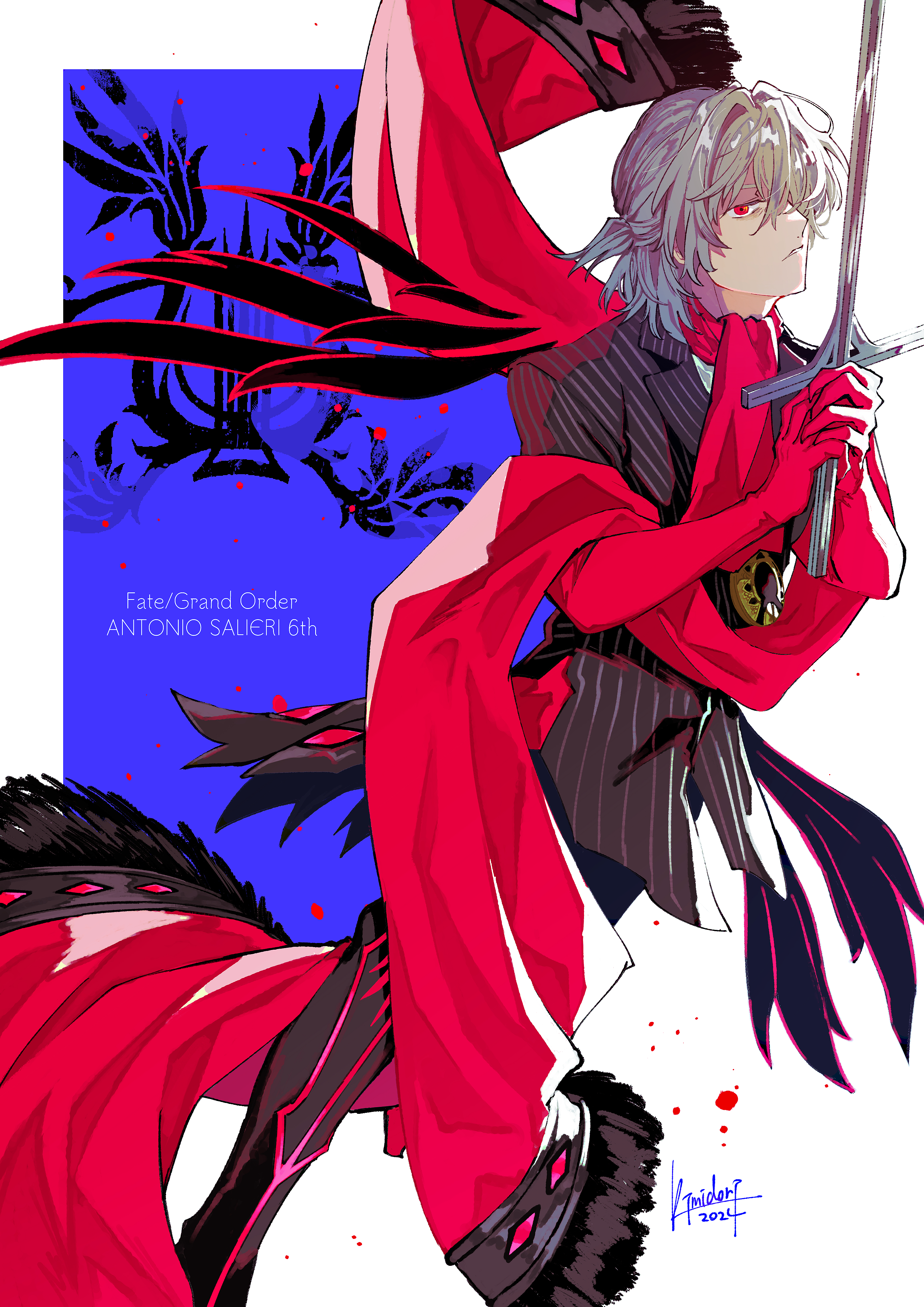 kimidorix32, antonio salieri (fate), antonio salieri (first ascension) (fate), antonio salieri (second ascension) (fate), fate/grand order, fate (series), absurdres, highres, 1boy, anniversary, artist name, ascot, black jacket, blue background, character name, copyright name, gloves, grey hair, hair between eyes, hair intakes, holding, holding sword, holding weapon, instrument, jacket, lapels, long sleeves, looking at viewer, lyre, male focus, medallion, medium hair, notched lapels, own hands clasped, own hands together, parted lips, pinstripe jacket, pinstripe pattern, red ascot, red eyes, red gloves, red sash, sash, shirt, signature, simple background, solo, striped clothes, striped jacket, sword, transformation, two-tone background, vertical-striped clothes, vertical-striped jacket, weapon, white background, white shirt
