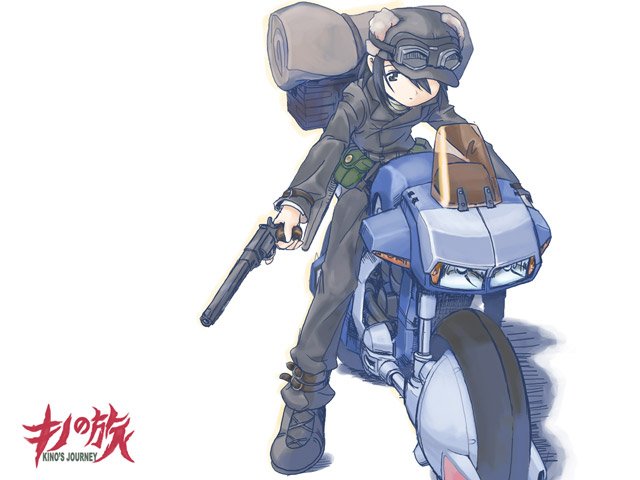 ugai yuichi, kino (kino no tabi), mospeada (mecha), kikou souseiki mospeada, kino no tabi, mospeada, vehicle, 00s, 1girl, androgynous, armor, bag, female focus, fur hat, gun, handgun, hat, mecha, motor vehicle, motorcycle, on motorcycle, pistol, power armor, reverse trap, revolver, robot, science fiction, short hair, solo, weapon