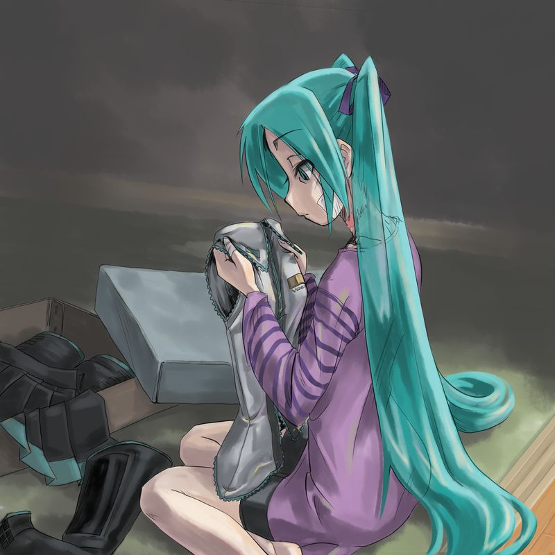 ugai yuichi, hatsune miku, vocaloid, bandages, green eyes, green hair, hair ribbon, long hair, ribbon, solo, twintails