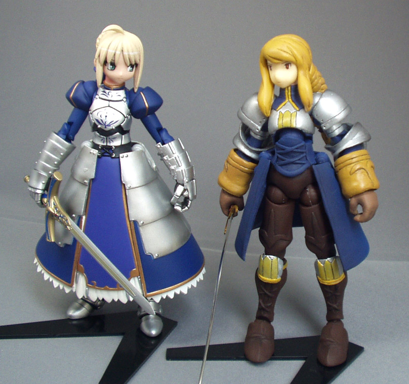 agrias oaks, artoria pendragon (fate), saber (fate), fate/stay night, fate (series), final fantasy, final fantasy tactics, revoltech, photo (medium), 00s, 2girls, armor, crossover, figure, look-alike, multiple girls, sword, trait connection, weapon