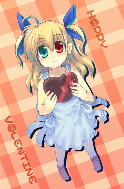 karamiti, vivio, lyrical nanoha, mahou shoujo lyrical nanoha, mahou shoujo lyrical nanoha strikers, 00s, 1girl, candy, chocolate, chocolate heart, female focus, food, happy valentine, heart, heterochromia, solo, valentine