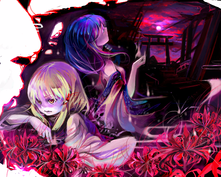 cis (carcharias), kochiya sanae, moriya suwako, touhou, 2girls, closed eyes, female focus, flower, from side, full moon, gradient hair, moon, multicolored hair, multiple girls, nature, oekaki, outdoors, plant, sky, torii, yellow eyes