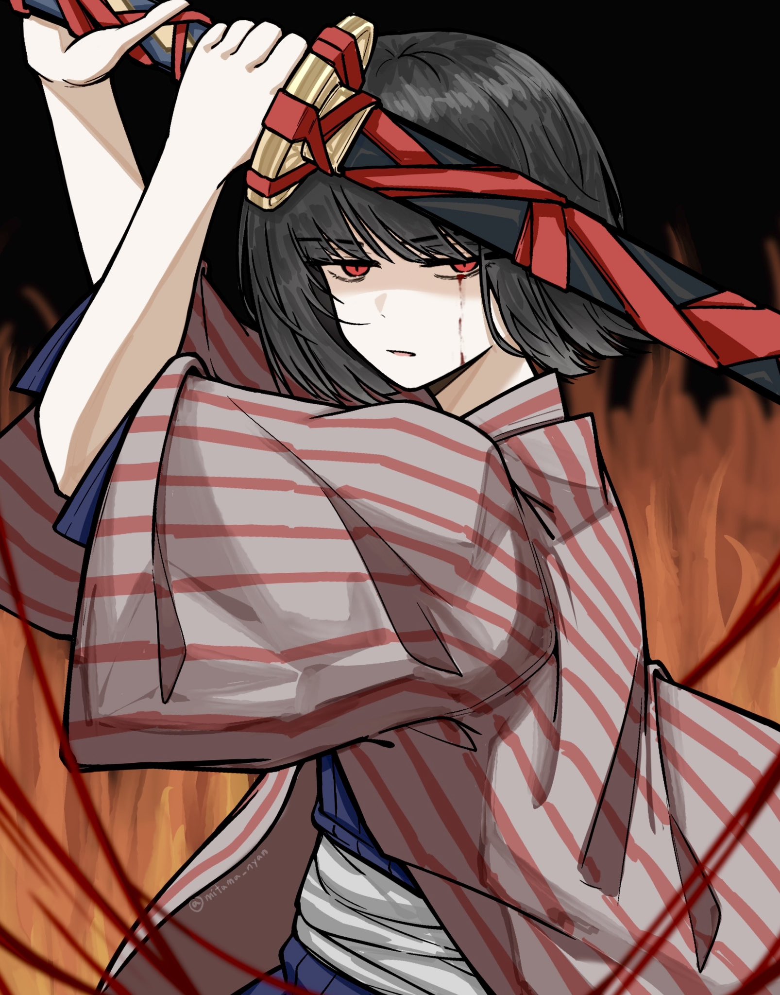 k i r i p o, ryoshu (project moon), limbus company, project moon, highres, 1girl, black background, black hair, blood, bloody tears, blue kimono, bob cut, coat, fire, forest for the flames (e.g.o), holding, holding sword, holding weapon, japanese clothes, kimono, long sleeves, looking at viewer, red eyes, red ribbon, ribbon, sash, short hair, simple background, solo, striped clothes, striped coat, sword, upper body, weapon, white coat, white sash