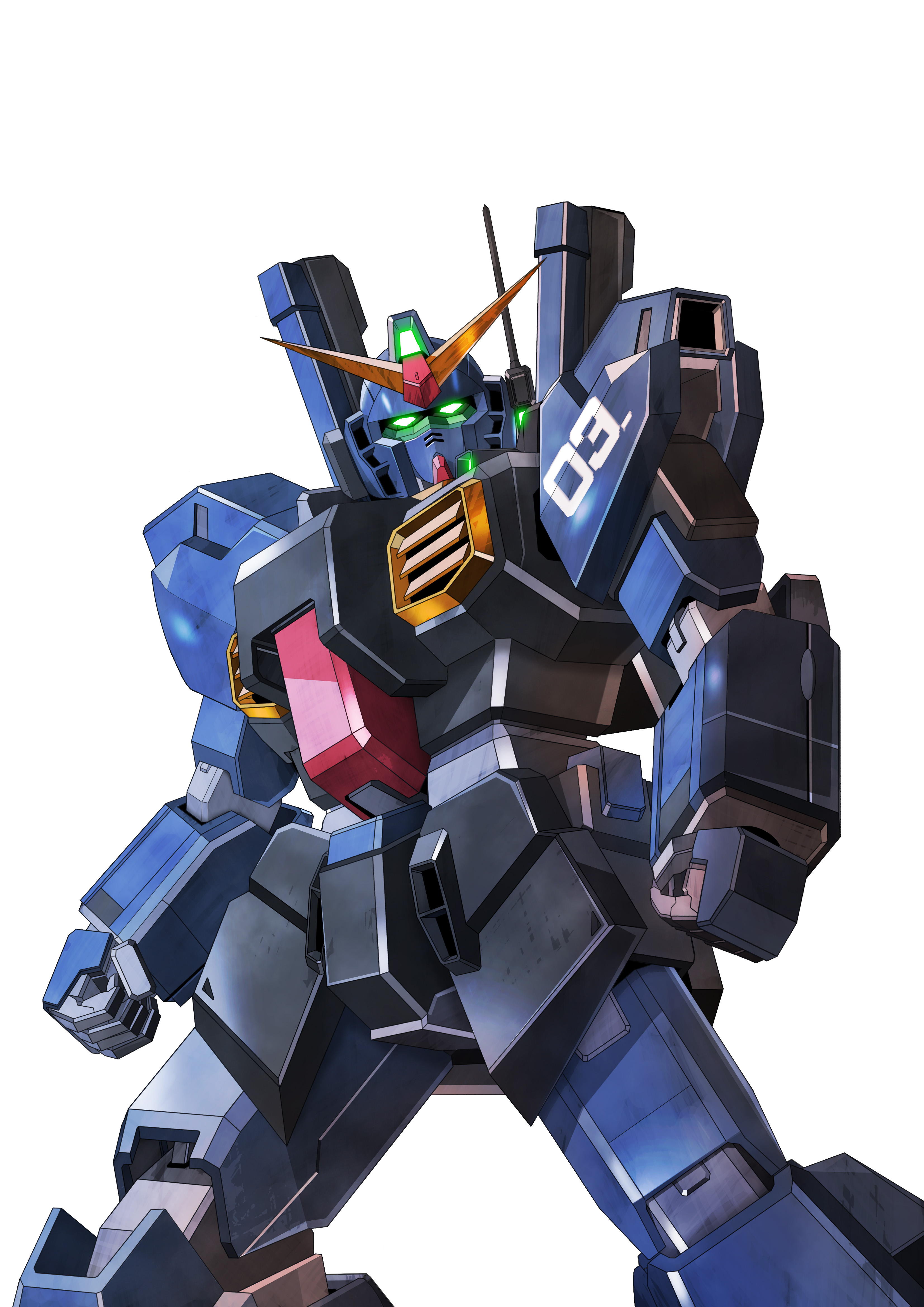nagi (user dwyh2252), gundam mk ii, gundam, zeta gundam, absurdres, commentary request, highres, arms at sides, clenched hands, feet out of frame, glowing, glowing eyes, green eyes, looking at viewer, mecha, mecha focus, mobile suit, no humans, radio antenna, robot, science fiction, simple background, solo, standing, titans (gundam), v-fin, white background