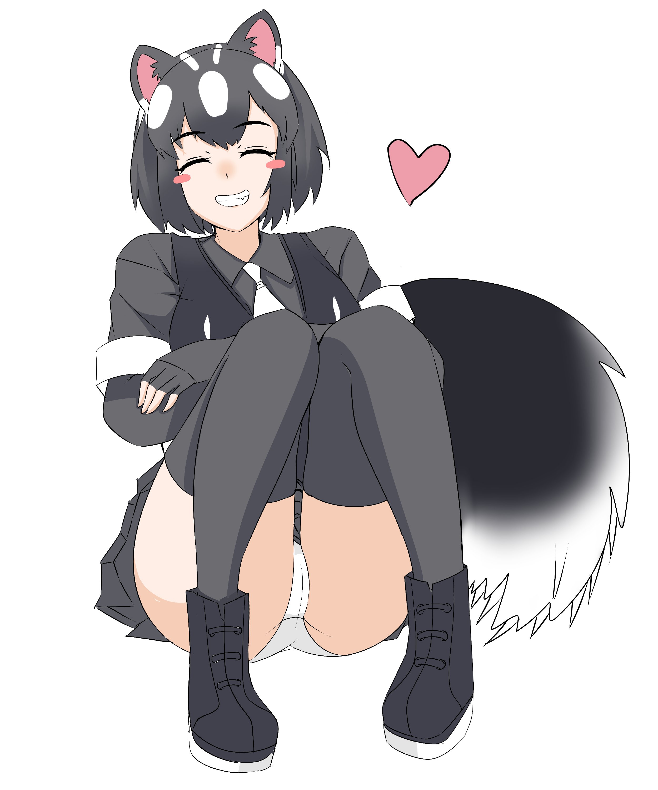 nanoder, spotted skunk (kemono friends), kemono friends, absurdres, commentary, english commentary, highres, 1girl, animal ears, ass, black boots, black hair, black skirt, black vest, blush stickers, boots, closed eyes, collared shirt, crossed arms, elbow gloves, facing viewer, fang, gloves, grey shirt, grin, multicolored hair, necktie, panties, pantyshot, pleated skirt, shirt, short hair, short sleeves, simple background, sitting, skirt, skunk ears, skunk girl, skunk tail, smile, solo, tail, thighhighs, underwear, vest, white background, white hair, white necktie, white panties
