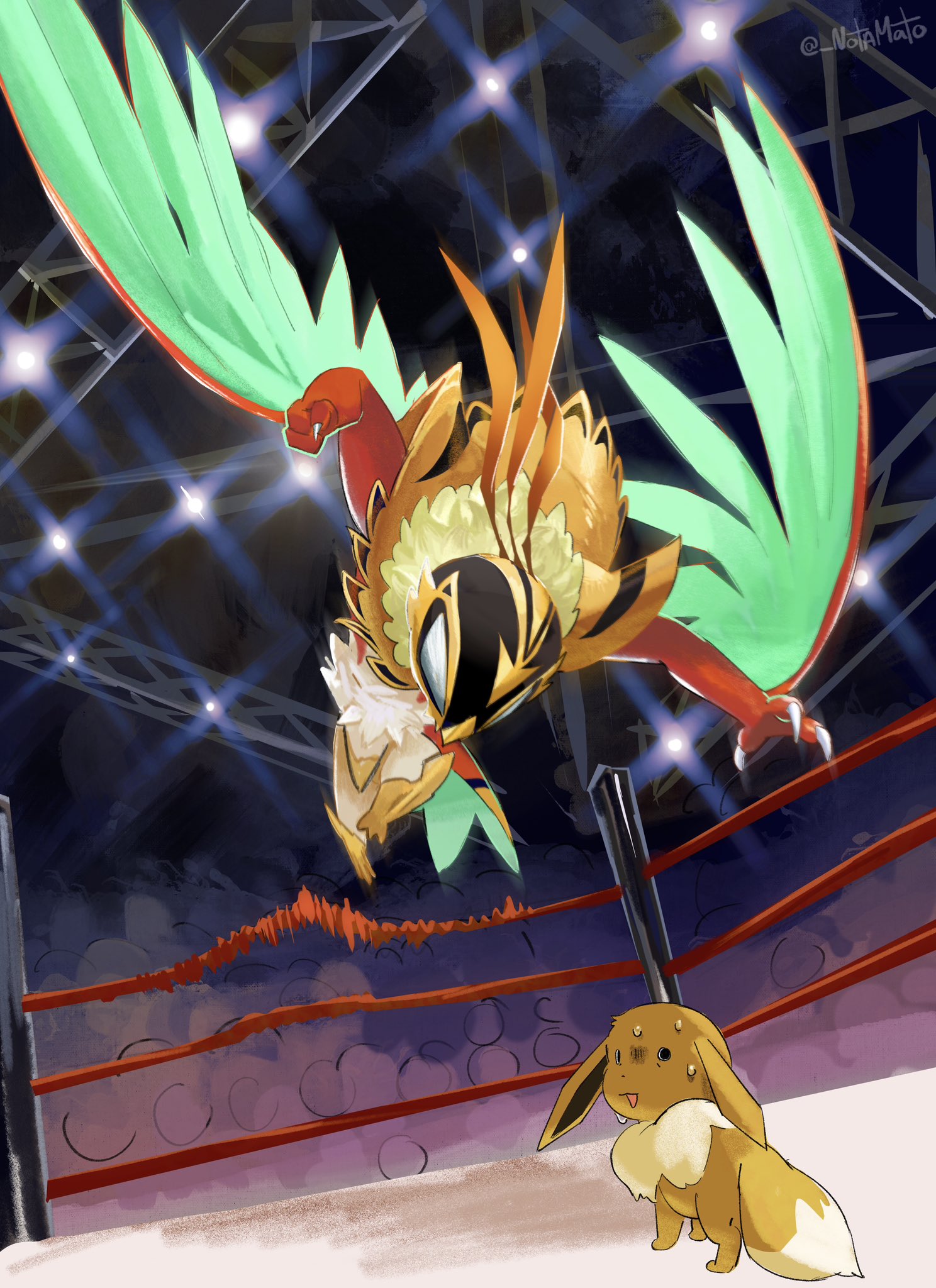 mare (notamato), eevee, hawlucha, nintendo, pokemon, highres, bird, black eyes, blank eyes, brown fur, claws, dynamic pose, feathers, gen 1 pokemon, gen 6 pokemon, luchador, luchador mask, mega hawlucha, mega pokemon, open mouth, pokemon (creature), pokemon focus, surprised, sweat, wing cape, wrestling ring