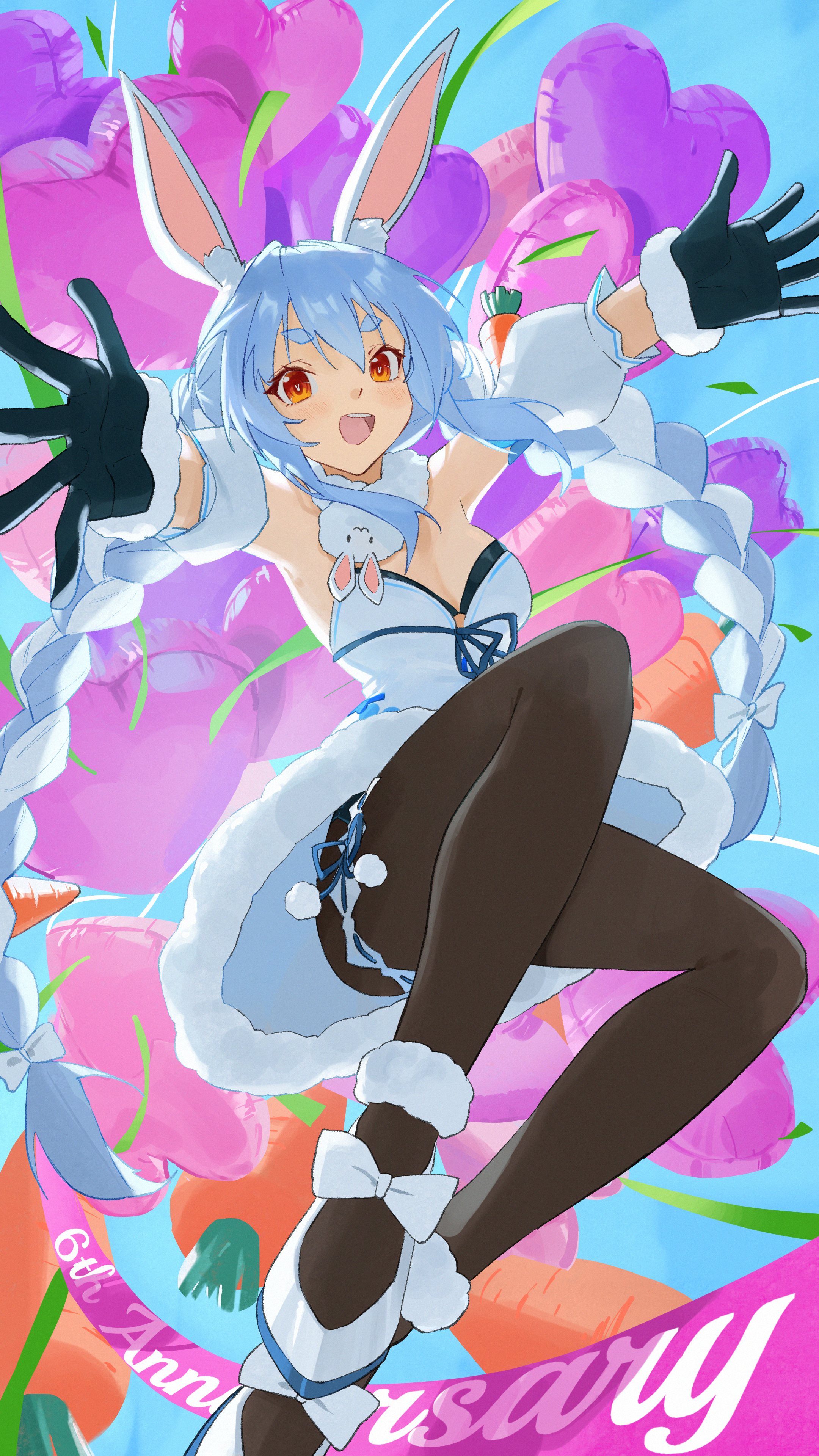 lupinu5, don-chan (usada pekora), usada pekora, usada pekora (1st costume), hololive, absurdres, highres, 1girl, :d, animal ears, balloon, black gloves, black leotard, black pantyhose, blue hair, braid, breasts, carrot, carrot hair ornament, coat, coat dress, colored shoe soles, confetti, detached sleeves, dress, english text, food-themed hair ornament, frilled thigh strap, fur-trimmed coat, fur-trimmed gloves, fur scarf, fur trim, gloves, hair between eyes, hair ornament, heart balloon, hikimayu, leotard, leotard under clothes, long hair, looking at viewer, mary janes, multicolored hair, open mouth, orange eyes, outstretched arms, pantyhose, playboy bunny, puffy detached sleeves, puffy short sleeves, puffy sleeves, rabbit-shaped pupils, rabbit ears, rabbit girl, scarf, shoes, short eyebrows, short sleeves, sidelocks, small breasts, smile, solo, strapless, strapless leotard, symbol-shaped pupils, teeth, thick eyebrows, thigh strap, twin braids, twintails, two-tone hair, upper teeth only, virtual youtuber, white coat, white hair, white scarf, white shoes, white sleeves