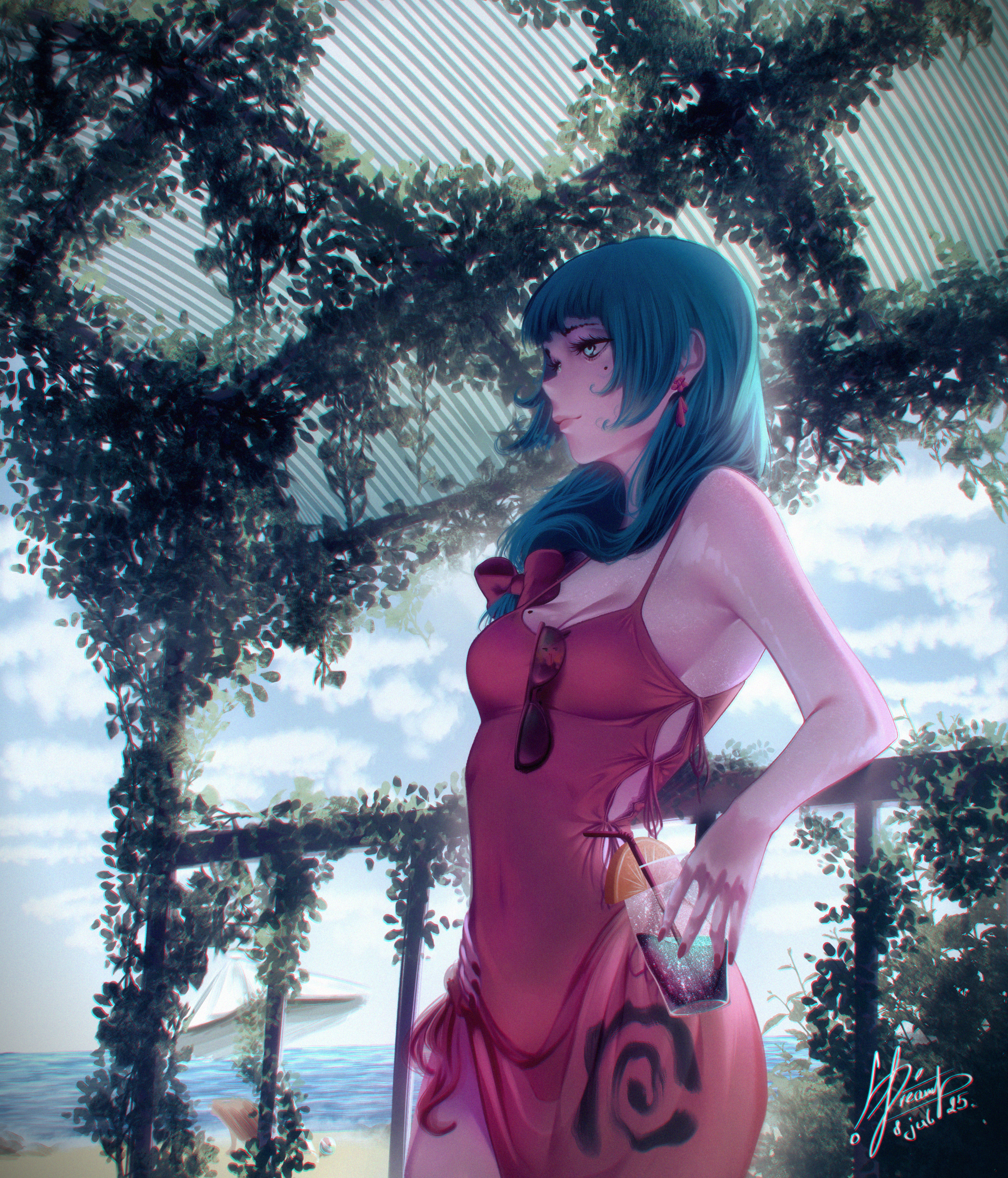 klabisot, kagiyama hina, touhou, highres, 1girl, beach, bow, breasts, cleavage, cloud, cowboy shot, cup, earrings, green eyes, green hair, hair bow, holding, holding cup, jewelry, long hair, mole, mole on breast, mole under eye, ocean, one-piece swimsuit, outdoors, red bow, red one-piece swimsuit, signature, sky, sunglasses, swimsuit, water