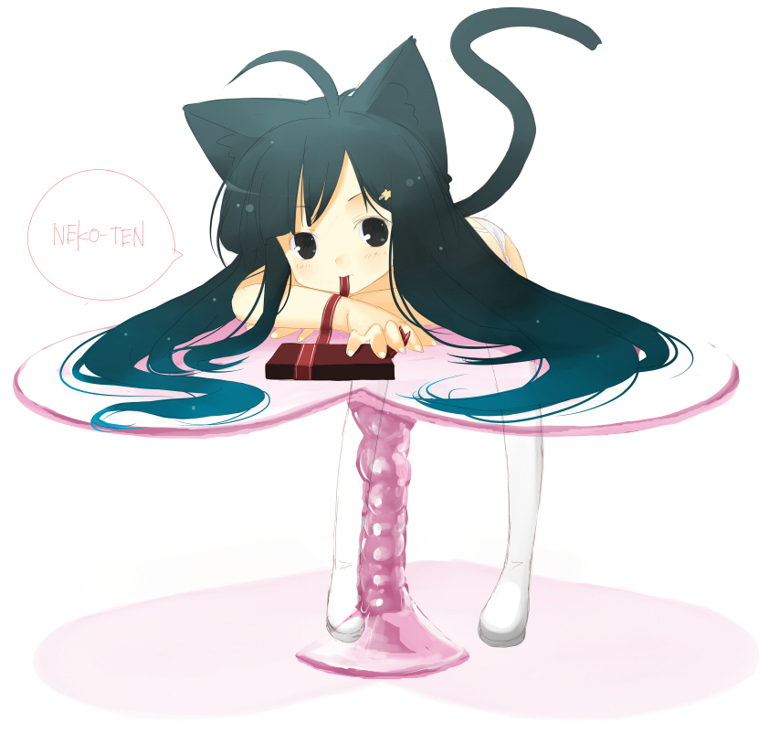 fujishiro touma, original, animal ears, cat ears, cat tail, mouth hold, solo, tail, valentine