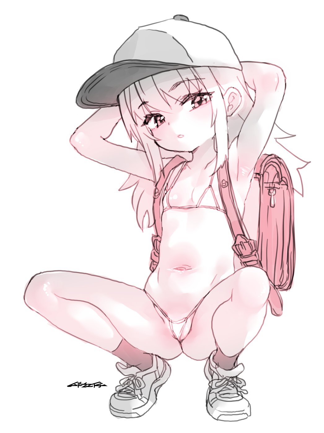 mudou eichi, original, highres, 1girl, arms behind head, backpack, bag, bikini, black socks, cape, flat chest, long hair, navel, pink eyes, shoes, sneakers, socks, solo, squatting, swimsuit, white background, white bikini, white hair