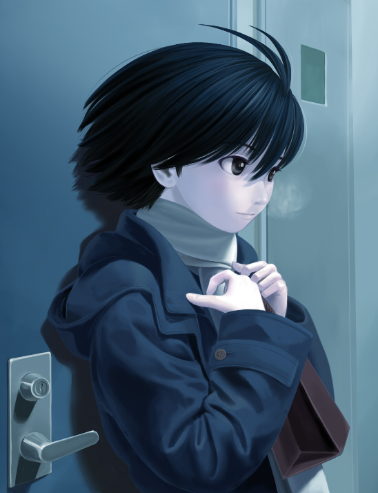 nekopuchi, kikuchi makoto, idolmaster, idolmaster (classic), idolmaster 1, 00s, 1girl, antenna hair, bag, black eyes, black hair, breath, coat, female focus, hair between eyes, hands up, holding, jacket, long sleeves, looking to the side, scarf, short hair, solo, steam, upper body