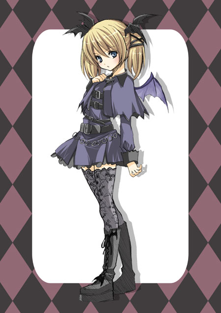 yukiwo, casper (deathsmiles), cave (developer), deathsmiles, original, platform footwear, 1girl, bat wings, belt, blonde hair, blue eyes, boots, buckle, dress, female focus, goth fashion, gothic lolita, head wings, legs, lolita fashion, patterned legwear, platform boots, print thighhighs, purple skirt, short dress, skirt, solo, thighhighs, twintails, wings, zettai ryouiki