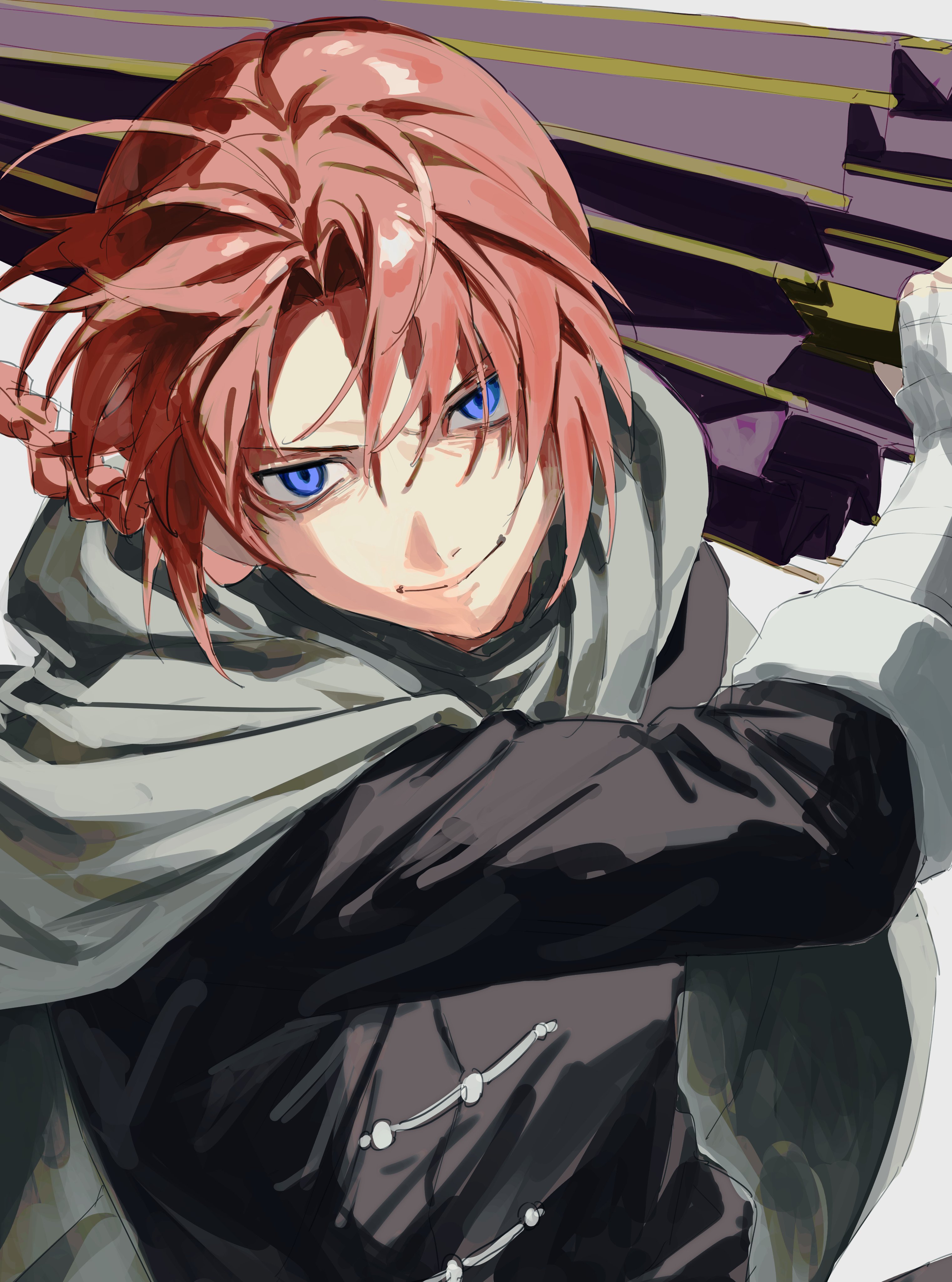333takoyaki, kamui (gintama), gintama, absurdres, commentary request, highres, 1boy, bandaged arm, bandages, blue eyes, braid, chinese clothes, cloak, closed mouth, closed umbrella, grey cloak, hair between eyes, holding, holding umbrella, looking at viewer, male focus, oil-paper umbrella, red hair, simple background, solo, umbrella, upper body