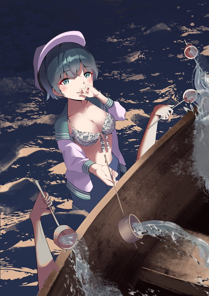 sumida mari, murasa minamitsu, touhou, 1girl, black hair, blue pants, boat, bra, breasts, cleavage, covering own mouth, disembodied hand, floral print, floral print bra, ghost, ghost hands, green eyes, hand over own mouth, hat, holding, holding ladle, ladle, large breasts, long sleeves, ocean, open clothes, open shirt, pants, shirt, short hair, smile, underwear, wading, water, watercraft, white hat, white shirt
