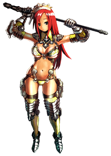 nagasawa shin, original, 1girl, armor, bikini, bikini armor, black eyes, fantasy, female focus, long hair, red hair, solo, swimsuit, thighhighs