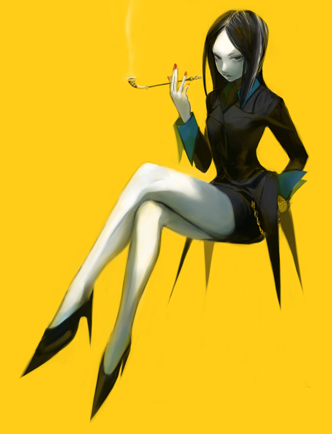 kodama yuuki, original, 1girl, black hair, female focus, holding, holding smoking pipe, kiseru, nail polish, pocket watch, red nails, smoking, smoking pipe, solo, watch