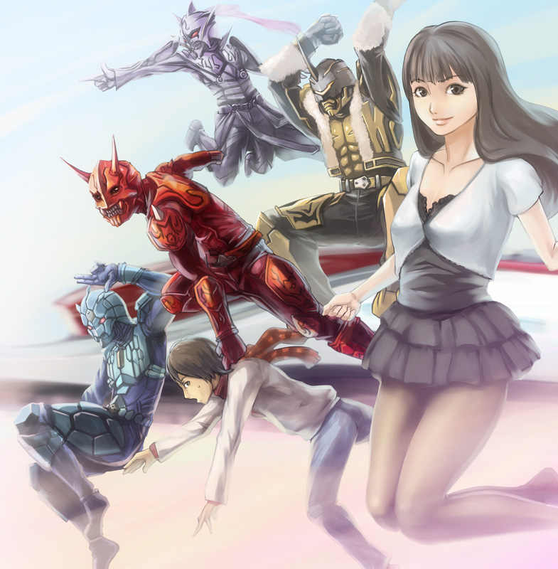 mikel (4hands), hana (kamen rider den-o), kintaros, kintarosu, momotaros, momotarosu, nogami ryoutarou, ryutaros, ryutarosu, urataros, uratarosu, kamen rider, kamen rider den-o (series), 1girl, 5boys, barefoot, brown hair, jumping, multiple boys, pantyhose, scarf, skirt
