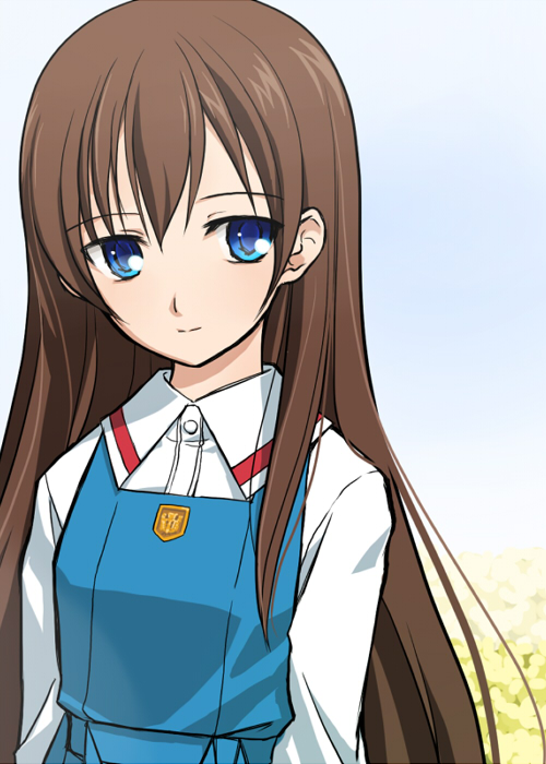 shimamura miwa, yuasa hiromi, true tears, eyebrows, 00s, 1girl, blue dress, blue eyes, brown hair, buttons, collared shirt, dress, dress shirt, female focus, long hair, long sleeves, looking at viewer, school uniform, serafuku, shirt, sidelocks, simple background, solo, very long hair, white background, white shirt