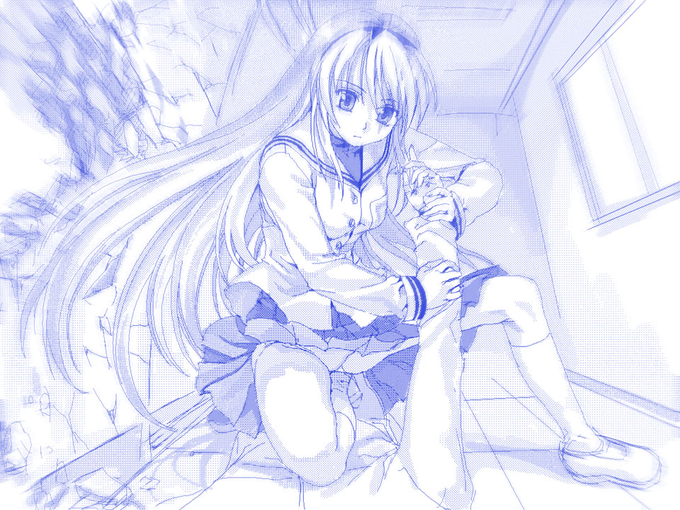 sakagami tomoyo, clannad, 00s, 1girl, blue theme, female focus, monochrome, panties, pantyshot, school uniform, serafuku, solo, underwear